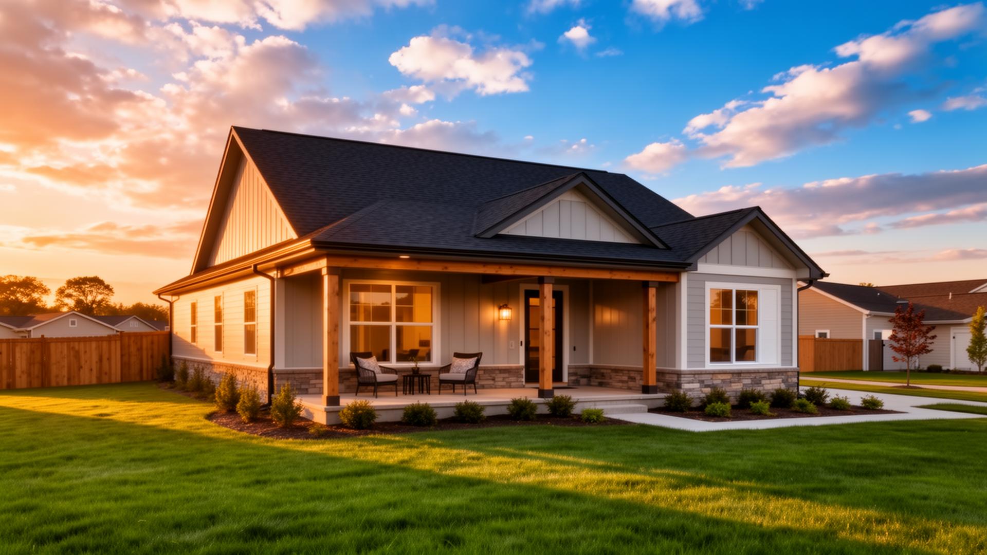 A modern manufactured home at golden hour with a welcoming front porch